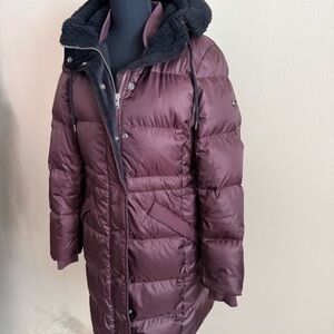 ⭐️ Coach Plum Long Puffer Coat Faux Fur Trim Hood Winter Jacket
